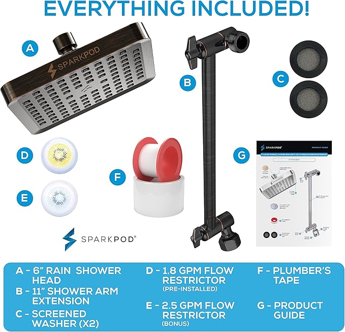 SparkPod Square Rain Shower Head with Extension Arm - Height Adjustable Shower Head with High Pressure Performance - Easy 1-Minute Installation (11" Arm Extension, Vintage Oil-Rubbed Bronze)