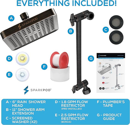 SparkPod Square Rain Shower Head with Extension Arm - Height Adjustable Shower Head with High Pressure Performance - Easy 1-Minute Installation (11" Arm Extension, Vintage Oil-Rubbed Bronze)