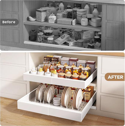 Seinloes 6 Pack Pull out Cabinet Organizer 21"Deep with Raising Pad for Framed Cabinets, Expandable Slide out Drawers for Kitchen Cabinets with 6pcs Divider Racks, Roll out Shelves 12.1"-20.4" W White