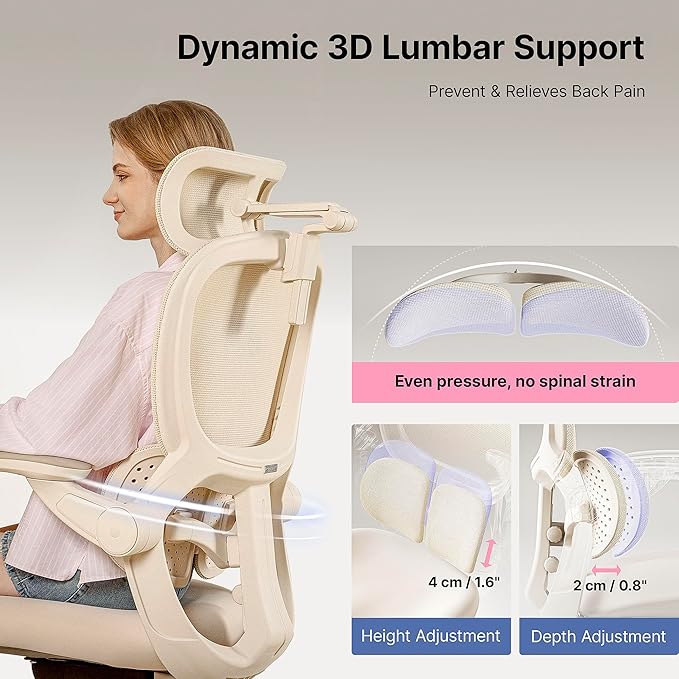 HINOMI Q2 Ergonomic Office Chair with Lumbar Support & Adjustable Headrest, Cushion Seat with Flip-Up Arms, Reclining Computer Seating with Footrest, Stylish Desk Model for Home (Cream White)