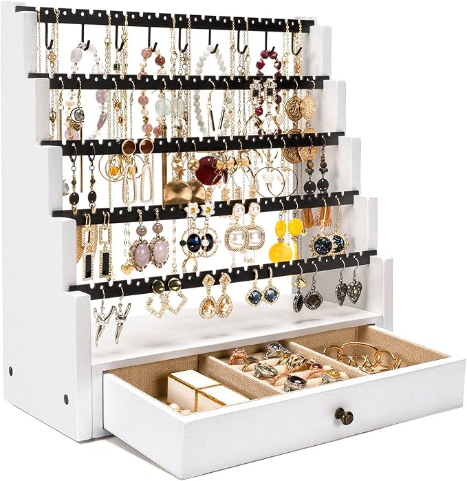 Pinzoveco Earring Organizer, 5 Layer Earring Holder Organizer with Necklace Holder Pole, Rustic Wood Jewelry Organizer Stand Display for Stud Earring Bracelet Necklace Ring, 175 Earring Holes