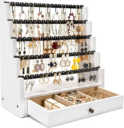 Pinzoveco Earring Organizer, 5 Layer Earring Holder Organizer with Necklace Holder Pole, Rustic Wood Jewelry Organizer Stand Display for Stud Earring Bracelet Necklace Ring, 175 Earring Holes