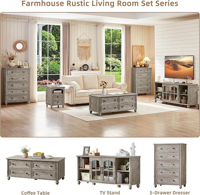 48" Farmhouse Coffee Table with Hidden Storage,Wooden Coffee Tables with 4 Drawers & Roman Column Handle,Rectangular Rustic Center Table with Solid Wood Curved Legs for Living Room,Office,Grey