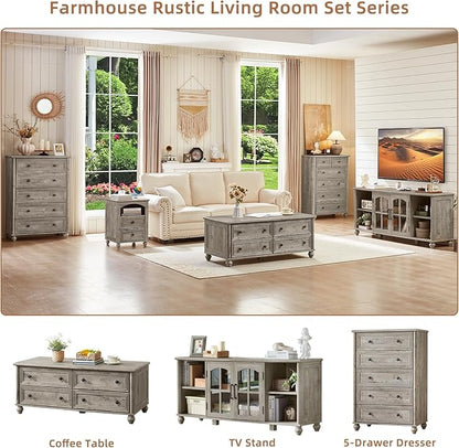 48" Farmhouse Coffee Table with Hidden Storage,Wooden Coffee Tables with 4 Drawers & Roman Column Handle,Rectangular Rustic Center Table with Solid Wood Curved Legs for Living Room,Office,Grey