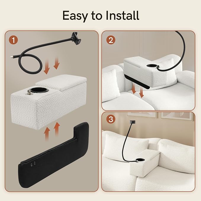 Couch Caddy with Cup Holder Multifunctional Couch Armrest Charging Console Phone Holder Sofa Arm Rest 20.3'' Removable White Chenille Sofa Organizer Remote Snack Storage for Livingroom Couches