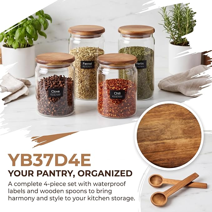 2-Pack 67 fl oz Large Wide Mouth Mason Jars with Spoon & Labels, Acacia Wood Lids & Press Seal, No Plastic, for Coffee Beans, Ground Coffee, Spice & Dry Food Storage, Pantry Organization.