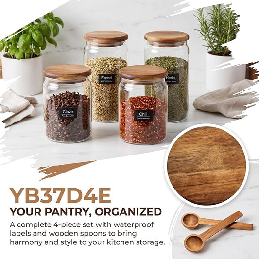 2-Pack 67 fl oz Large Wide Mouth Mason Jars with Spoon & Labels, Acacia Wood Lids & Press Seal, No Plastic, for Coffee Beans, Ground Coffee, Spice & Dry Food Storage, Pantry Organization.