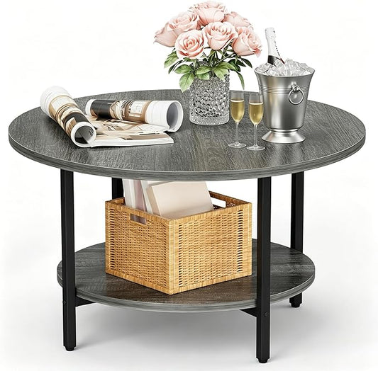 FAMIDGE Coffee Table, 27.6“ Circle Coffee Tables for Living Room, 2 Tier Round Coffee Table with Storage, Wood Accent Center Floor Table for Bedroom, Industrial Home Office, Elegant Gray