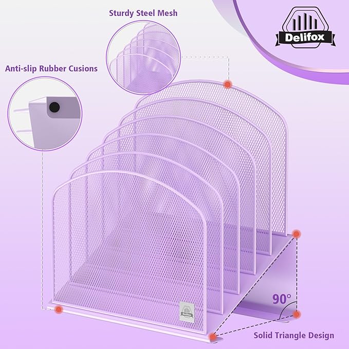 Inclined Desk File Organizer, 5-Section Vertical File Folder Holder Stand Metal Rack File Sorter for Office Classroom Desktop Organization (Purple, 1Pack)