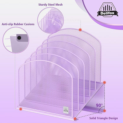 Inclined Desk File Organizer, 5-Section Vertical File Folder Holder Stand Metal Rack File Sorter for Office Classroom Desktop Organization (Purple, 1Pack)