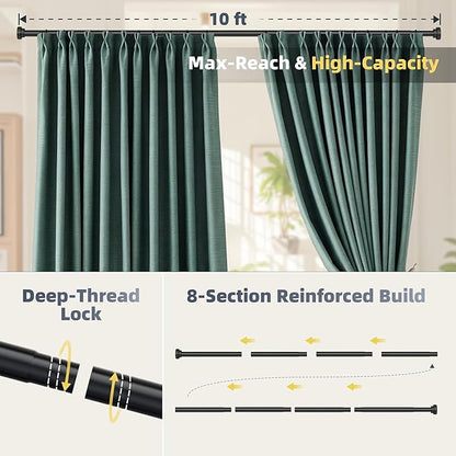 STARLATTA Long Tension Shower Curtain Rod 31-120 Inch (10ft): 1.1" Dia Rustproof Stainless Steel, No Drilling Heavy Duty, Adjustable Room Divider for Bathroom Window, Matte Black
