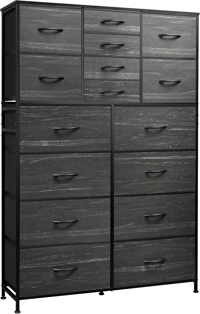 Tall Console Table with 16 Fabric Drawers, Entryway Table with Storage, Large Storage Organizer with Wood Top, Steel Frame for Living Room, Hallway, Office, Charcoal Black Wood Grain Print