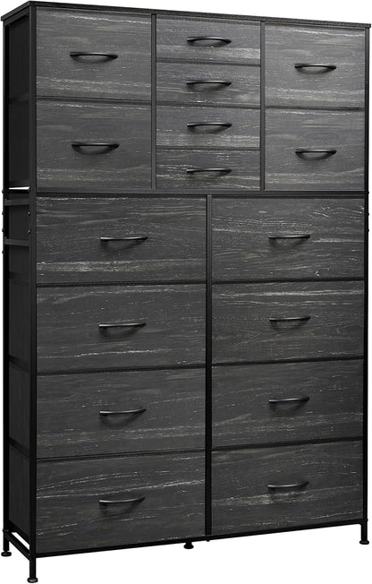 Tall Console Table with 16 Fabric Drawers, Entryway Table with Storage, Large Storage Organizer with Wood Top, Steel Frame for Living Room, Hallway, Office, Charcoal Black Wood Grain Print