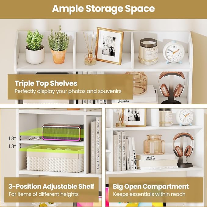 Desk Hutch, Desktop Shelf with 6 Shelves, Desk Bookshelf w/Anti-Toppling Devices, Wood Table Top Bookshelf Organizer, Small Desk Shelf for Study, Office, Dorm (White, 6 Shelves)