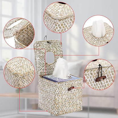 Sumnacon Tissue Box Cover Square Seagrass Tissue Box with Lid, Woven Tissue Box Holder Rustic Cube Tissue Cover for Bathroom Toilet Bedroom Living Room Kitchen Table Desk Office Car, Whitewash