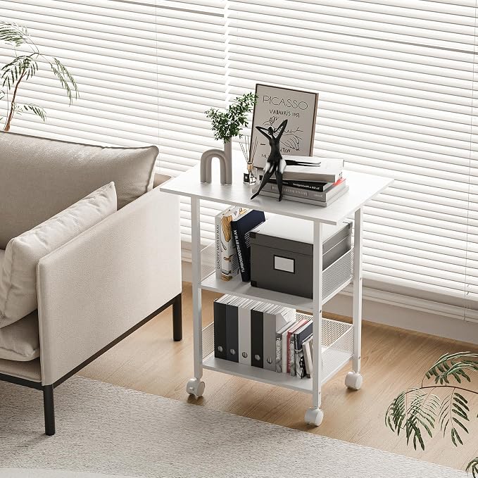 BOHDK Printer Stand, 3-Tier Industrial Large Printer Table with Shelf, 23"x15" Mobile Heavy Duty Storage Rack on Wheels for Home Office Printer Fax Machine Scanner Copier, White