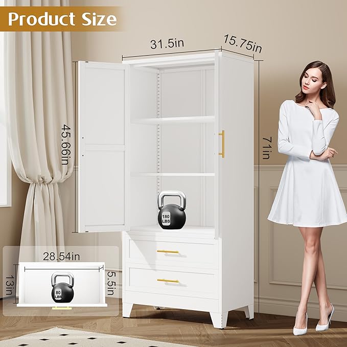 Steel Pantry Cabinet, 71" Metal Storage Cabinets with 2 Doors, 2 Adjustable Shelf and 2 Drawers, Freestanding Storage Cabinet for Bedroom, Kitchen, Home Office (White)