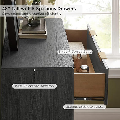 T4TREAM Fluted 5 Drawers Dresser, 48" Tall Modern Chest of Drawers, Curved Profile Design, Wood Drawer Organizer for Bedroom, Living Room, Hallway, Entryway, Dark Alder