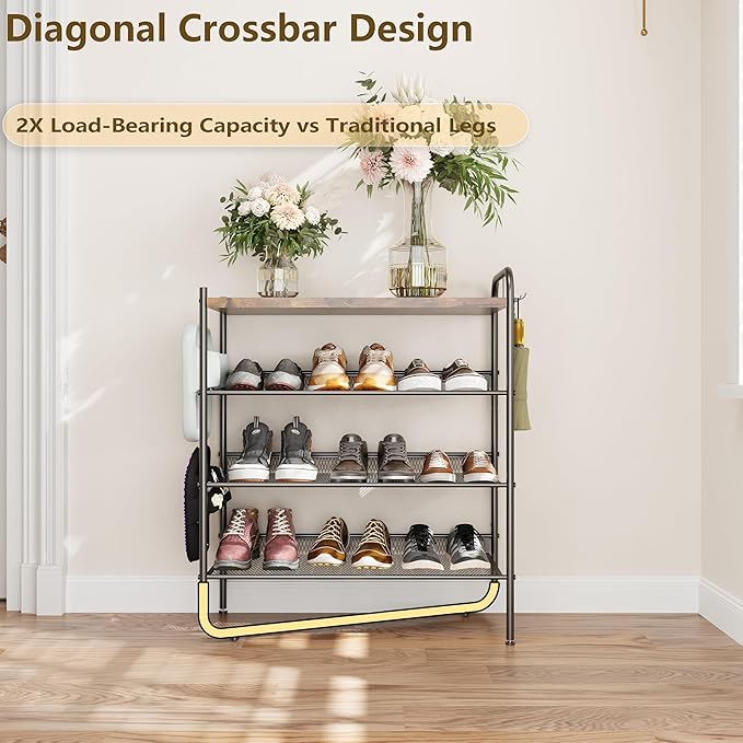 4 Tier Shoe Rack for Entryway, Metal Shoe Rack Organizer Holds 15 Pairs Shoes, Front Door Shoe Storage with Rustic Brown Wooden Top, Vertical shoe rack for Space Saving Shoe Organizer (4-Tiers)