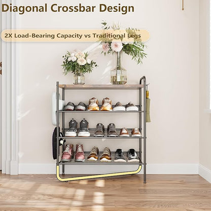 4 Tier Shoe Rack for Entryway, Metal Shoe Rack Organizer Holds 15 Pairs Shoes, Front Door Shoe Storage with Rustic Brown Wooden Top, Vertical shoe rack for Space Saving Shoe Organizer (4-Tiers)