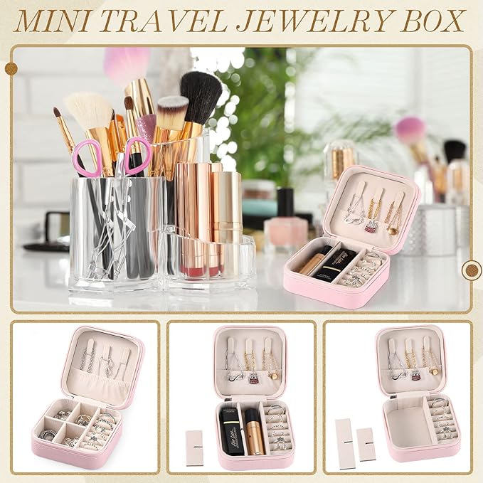 Yinkin 12 Pcs Mini Travel Jewelry Case Bridesmaid Proposal Gift Boxes, Small PU Leather Earring Organizer, Bulk Travel Accessories Portable Jewelry Holder(Pink)