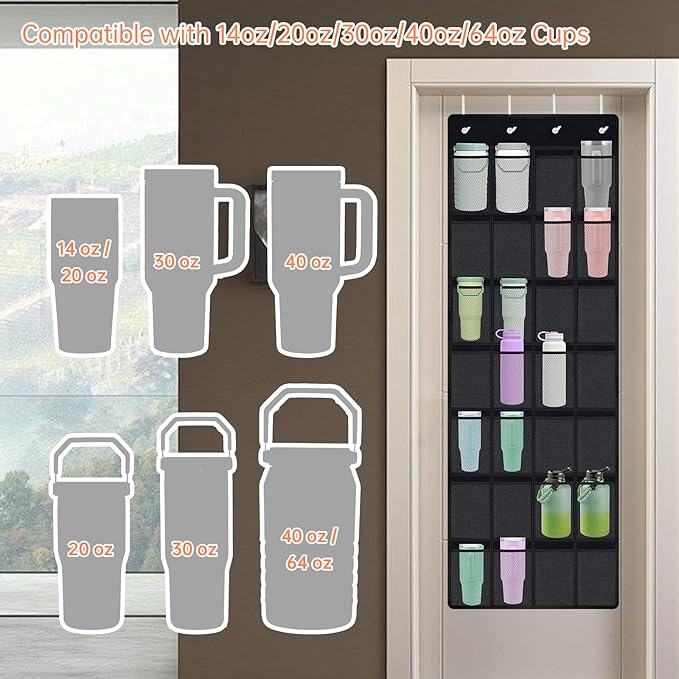 NiHome 28-Pocket Over-the-Door Organizer Fit for Stanley Cups, Large Tumblers, Water Bottles, Travel Mugs, Lids, Space-Saving Elastic Mesh Bottle Holder for Kitchen, Pantry, RV, Cabinet Doors (Black)