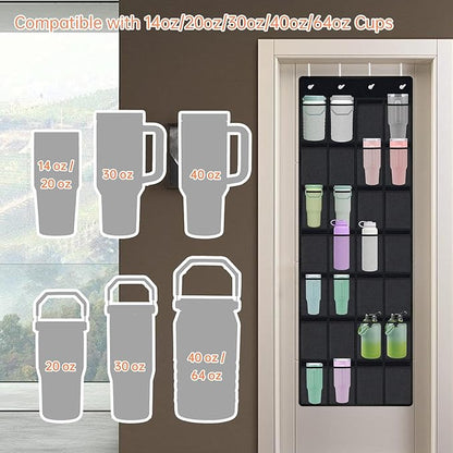 NiHome 28-Pocket Over-the-Door Organizer Fit for Stanley Cups, Large Tumblers, Water Bottles, Travel Mugs, Lids, Space-Saving Elastic Mesh Bottle Holder for Kitchen, Pantry, RV, Cabinet Doors (Black)