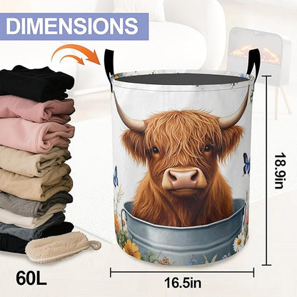 Cute Highland Cattle Laundry Basket, Butterfly Oxford Cloth Laundry Hamper With Handle Foldable Portable Clothes Storage Basket Storage Bag For Laundry Room/Bathroom/Bedroom/Dormitories