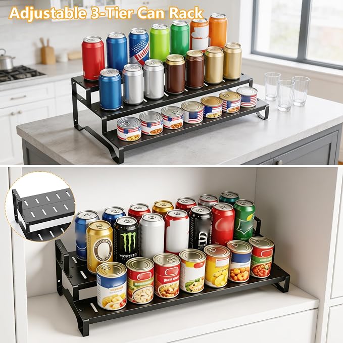 Attelite 3 Tier Expandable Can Rack Organizer for Pantry, Adjustable 13"-21" Metal Soda Can Organizer, Pantry Organization Canned Food Storage Holder for Kitchen Cabinet Countertop, Black 2Pack