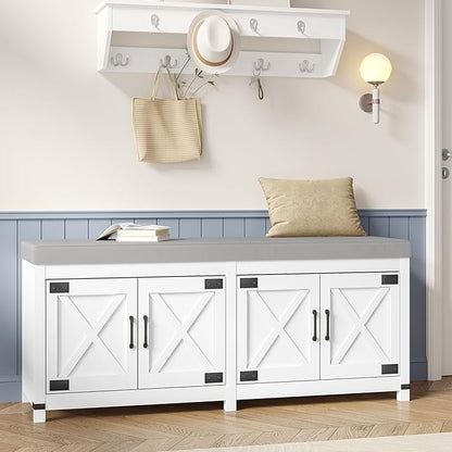 Shoe Storage Bench, 2 Tier Shoe Bench with Padded Seat Cushion & 4 Barn Doors, Entryway Bench with Adjustable Shelf, Farmhouse Shoe Cabinet for Living Room, Bedroom, White SB31203GY