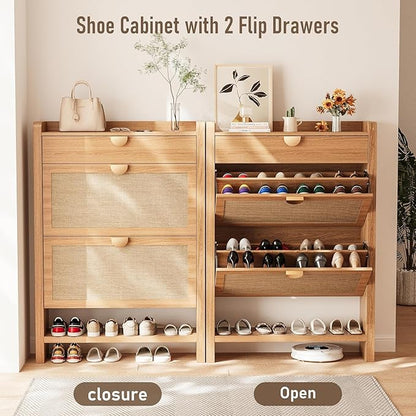 Rattan Shoe Storage Cabinet, Entryway Shoe Organizer with 2 Flip Drawers, Narrow Shoes Cabinet, Free Standing Hidden Shoe Storage, Shoe Rack for Entryway/Hallway/Front Door