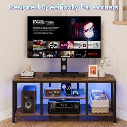 Corner TV Stand with Mount LED - Universal TV Mount Stand for 32-65" TV, Height Adjustable Swivel TV Console Wood & Steel Entertainment Center with Mount, Cabinet, Power Outlet, Colorful Light (Brown)