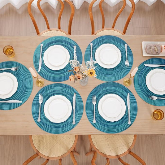 SHACOS 15 inch Round Placemats Set of 4 Variegated Multicolor Place Mats Cotton Polyester Braided Non Slip Washable Heat Resistant Table Mats for Home Wedding Dinner Party Table Decor, Rainbow Teal