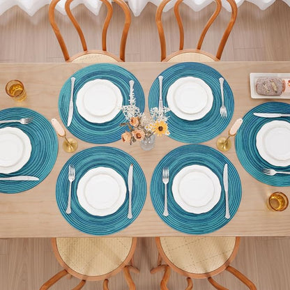 SHACOS 15 inch Round Placemats Set of 8 Variegated Multicolor Place Mats Cotton Polyester Braided Non Slip Washable Heat Resistant Table Mats for Home Wedding Dinner Party Table Decor, Rainbow Teal