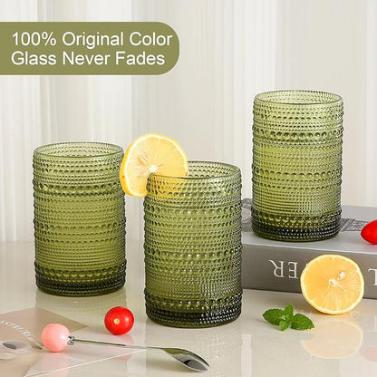 Vintage Glassware Drinking Glasses Set of 6,15 oz Hobnail Glass Cups,Embossed Green Water Tumbler,for Beer,Cocktail,Whiskey,Juice and Various Mixed Drinks- 1 Cleaning Brush