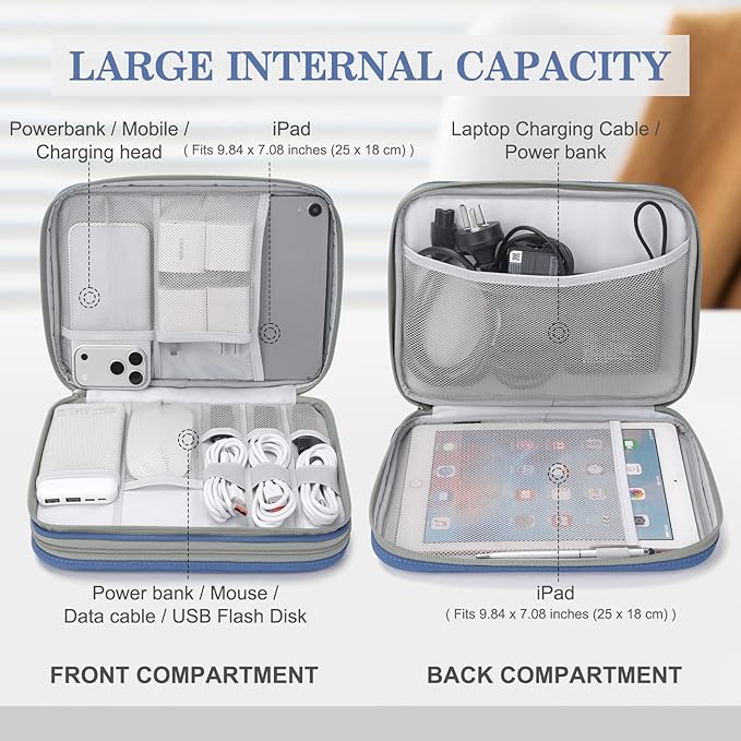 FYY Electronic Organizer, Extra Large Travel Cable Organizer Bag Pouch Portable Waterproof Double Layers All-in-One Storage Bag for iPad, Cable, Power Bank, Laptop Charger for Office, Blue-Pattern