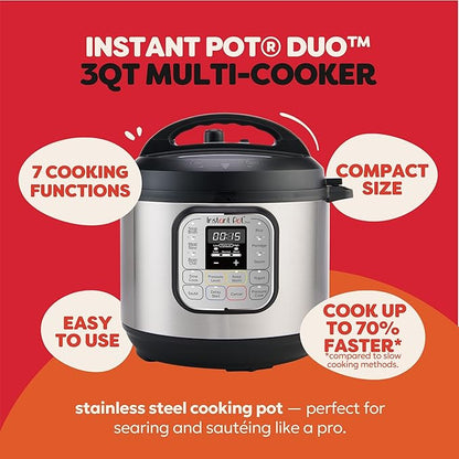 Instant Pot Duo 7-in-1 Mini Electric Pressure Cooker, Slow Rice Cooker, Steamer, Sauté, Yogurt Maker, Warmer & Sterilizer, Includes Free App with over 1900 Recipes, Stainless Steel, 3 Quart