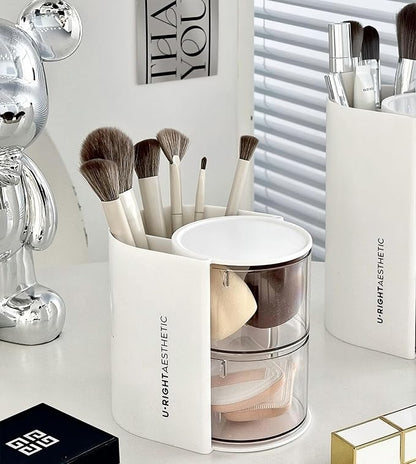 Azurphoric Hair Accessories Organizer with Hair Brush Holder, Rotatable Makeup Brush Holder for Necklaces, Earring, Bracelet, Ring, Makeup Brushes, Hair Clip and Hair Accessories (White, 2-Layer)