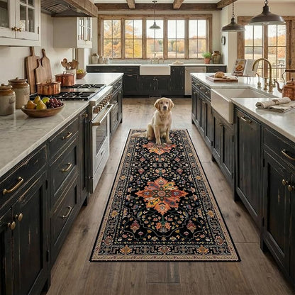 RELEANY Area Rugs Runner 2'x6' Washable Non-Slip, Floral Vintage Distress Medallion Carpet for Kitchen Hallway Bedroom Beside Laundry Room Bathroom, Black Colorful Floral Dark Tan