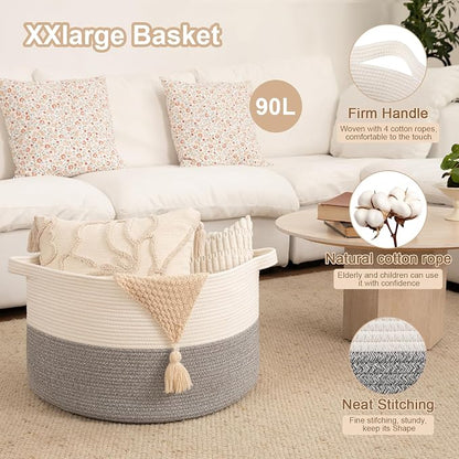 OIAHOMY 90L XXXLarge Blanket Basket for Living Room, 21.7" x 13.8" Woven Cotton Rope Laundry Basket for Organizing Pillows, Decorative Stuffed Animal Toy Storage for Nursery, White and Light Grey