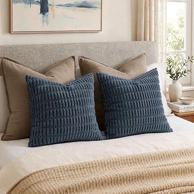 MIULEE Pack of 2 Corduroy Decorative Euro Sham Throw Pillow Covers 24x24 Inch Soft Boho Striped Pillow Covers Modern Farmhouse Home Decor for Summer Coastal Sofa Living Room Couch Bed Blue