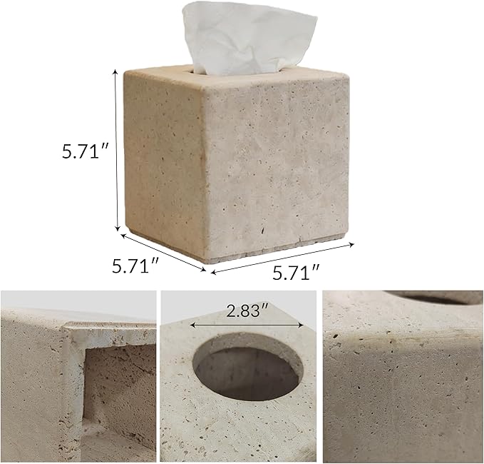 Travertine Tissue Box Cover, Vintage Style Napkin Holder, Square Tissue Box with Acrylic Board Bottom, Natural Heaty Duty Stone Toilet Paper Holder for Bathroom, Bedroom, Living Room