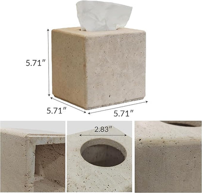 Travertine Tissue Box Cover, Vintage Style Napkin Holder, Square Tissue Box with Acrylic Board Bottom, Natural Heaty Duty Stone Toilet Paper Holder for Bathroom, Bedroom, Living Room