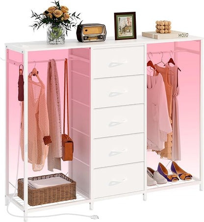 Dresser for Bedroom with Clothes Rack 5 Drawer Dresser with Charging Station LED Lights White Chest of Drawers Flexible Shelf and Open Storage Space for Bedroom Living Room (White)