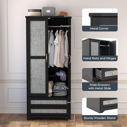 Brafab Armoire Wardrobe Closet with 2 Rattan Doors, 71" Black Farmhouse Tall Freestanding Coat Closet Wardrobe with Drawers and Hanging Rail, Wooden Armoire Storage Cabinet with Shelf for Bedroom