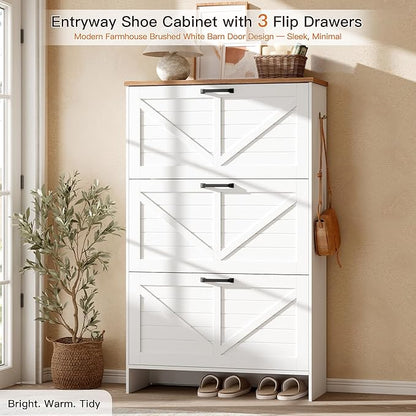 Nicetree Shoe Cabinet, 3 Flip Drawers & Adjustable Shelves, Ultra Slim Freestanding (9.1” Deep), Holds 30 Pairs, Narrow Shoe Storage Cabinet with Anti-Tip Safety, Modern Farmhouse White Walnut