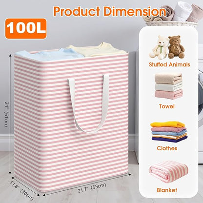3 Pack Large Laundry Basket,Waterproof & Freestanding Laundry Hamper,Collapsible Clothes Hampers with Easy Carry Long & Reinforced Handles in Bathroom,College Dorm(100Lx3,Pink)