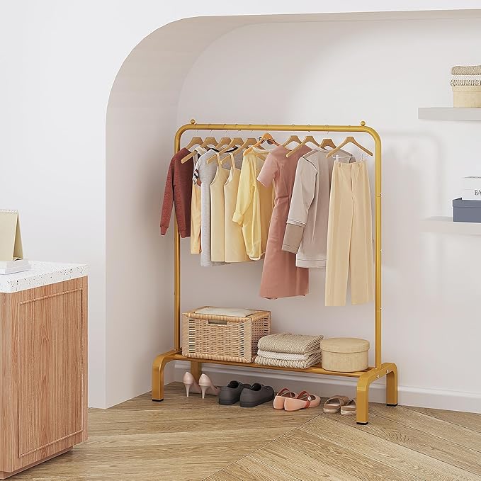 JIUYOTREE Standard Clothes Clothing Garment Rack with Storage Shelves Clothes Organizer for Hanging Clothes Coat Jacket Shirt Sweater Jeans Gold