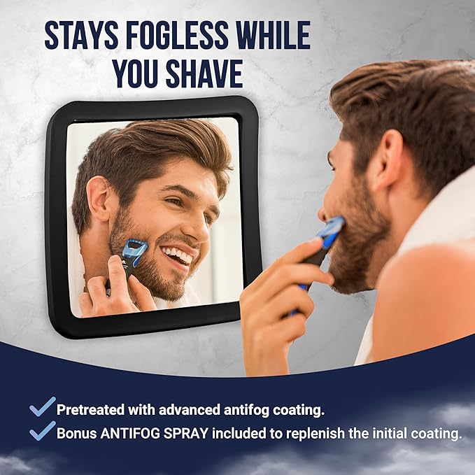 MIRRORVANA Fogless Shower Mirror for Shaving with Upgraded Suction, Anti Fog Shatterproof Surface and 360° Swivel, 1X Magnifying, 6.3 x 6.3 Inch (Black)