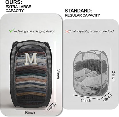 Collapsible Pop Up Laundry Hamper, Extra Large with Removable Initial Letter M, Mesh Foldable Laundry Basket, 28" x 16" x 16" (Black)